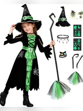 NWT Girls Green & Black Witch Costume with Hat and Broom sz M